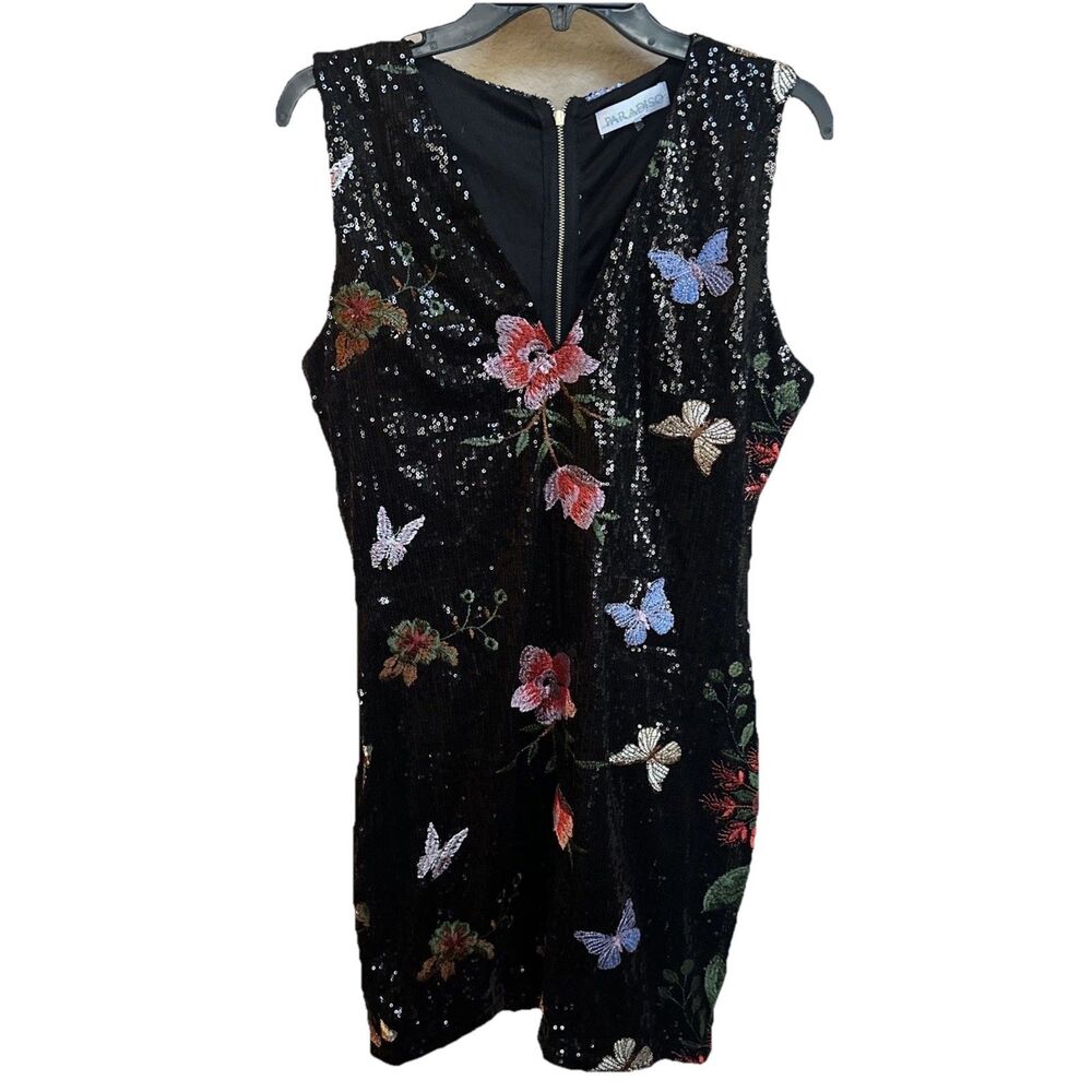 Paradiso Vneck Black Sequin Bright Embroidered Floral Butterfly Dress‎ Large